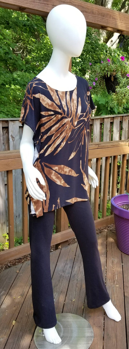 Stretch jersey tunic blouse top caftan kaftan brown and black polyester (size S; US 6)