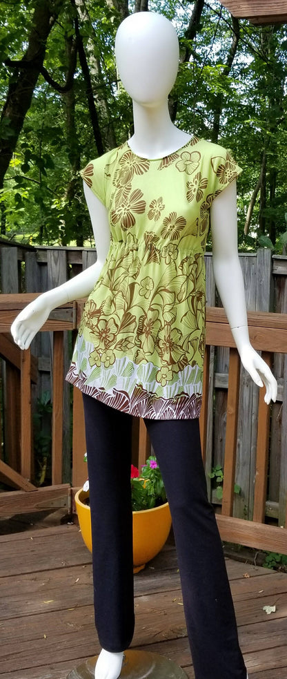 Stretch jersey tunic blouse top caftan kaftan floral green & brown polyester (size S; US 4-6)