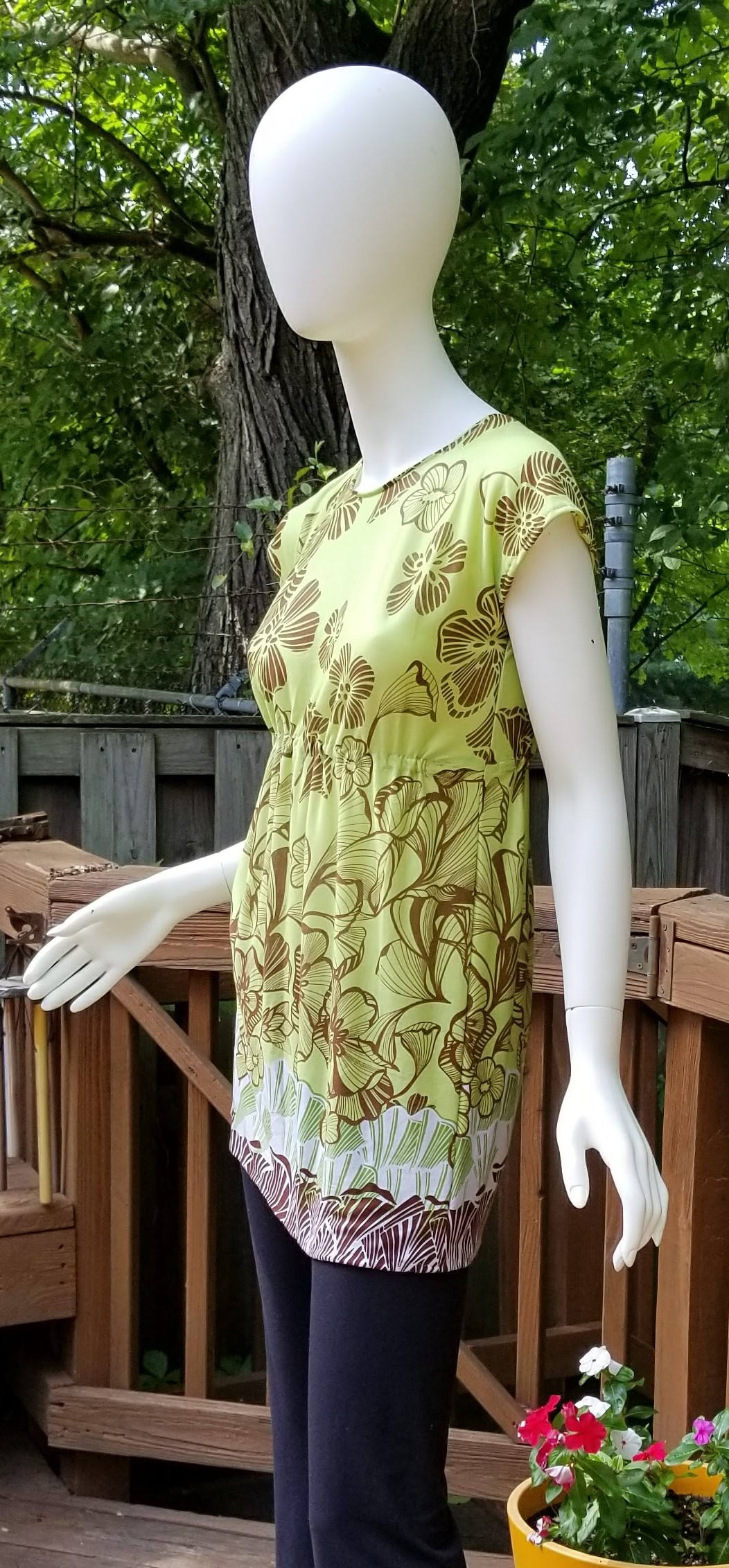 Stretch jersey tunic blouse top caftan kaftan floral green & brown polyester (size S; US 4-6)