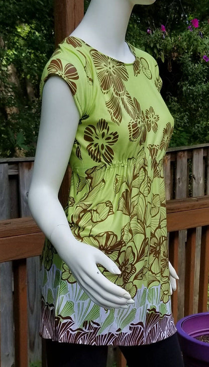 Stretch jersey tunic blouse top caftan kaftan floral green & brown polyester (size S; US 4-6)