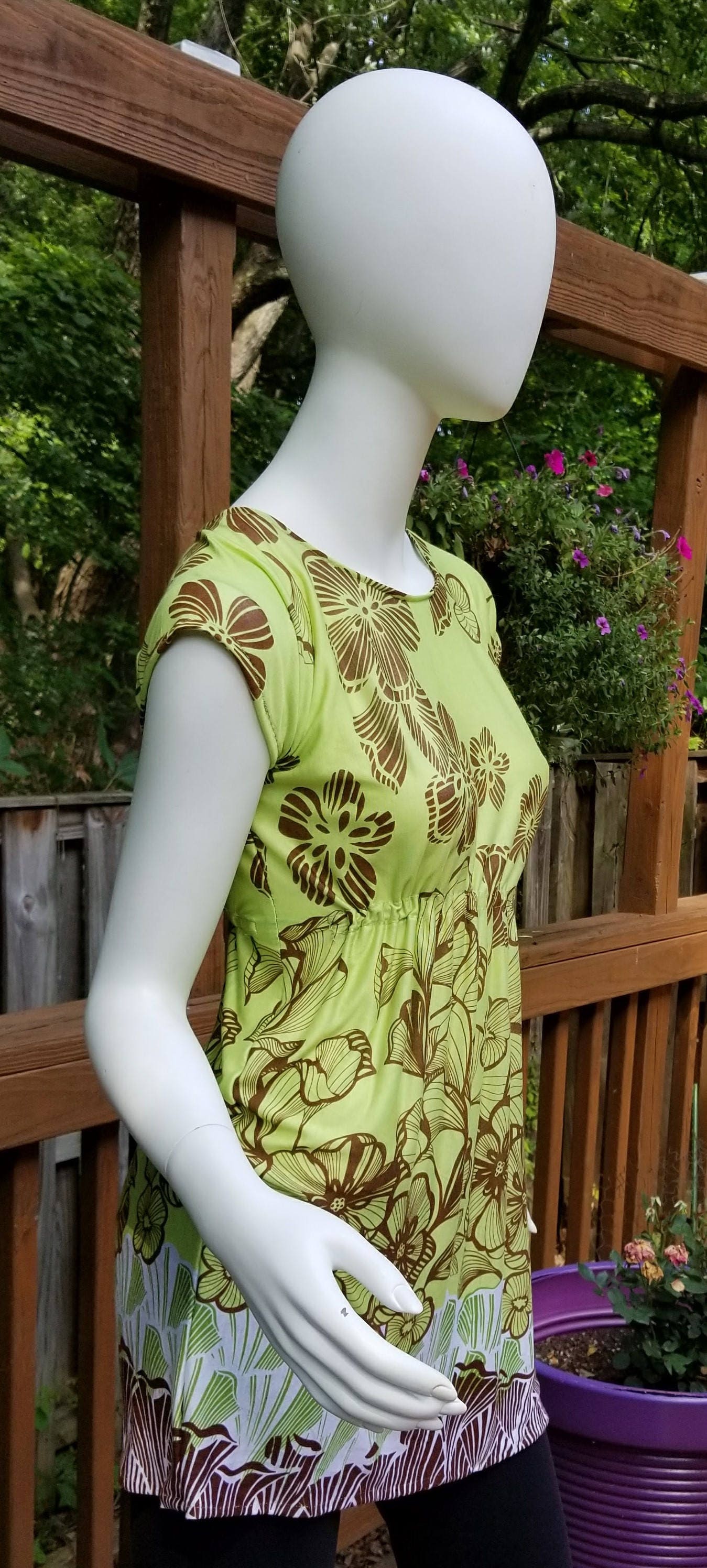 Stretch jersey tunic blouse top caftan kaftan floral green & brown polyester (size S; US 4-6)