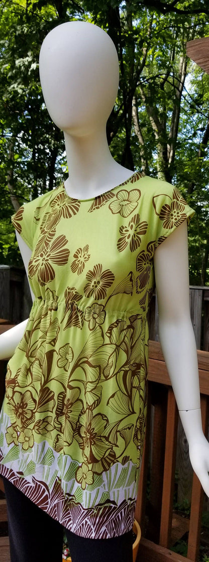 Stretch jersey tunic blouse top caftan kaftan floral green & brown polyester (size S; US 4-6)
