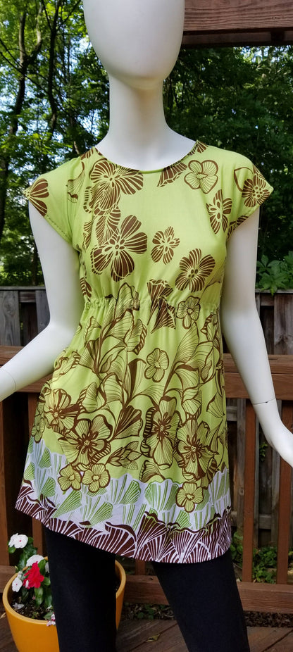 Stretch jersey tunic blouse top caftan kaftan floral green & brown polyester (size S; US 4-6)