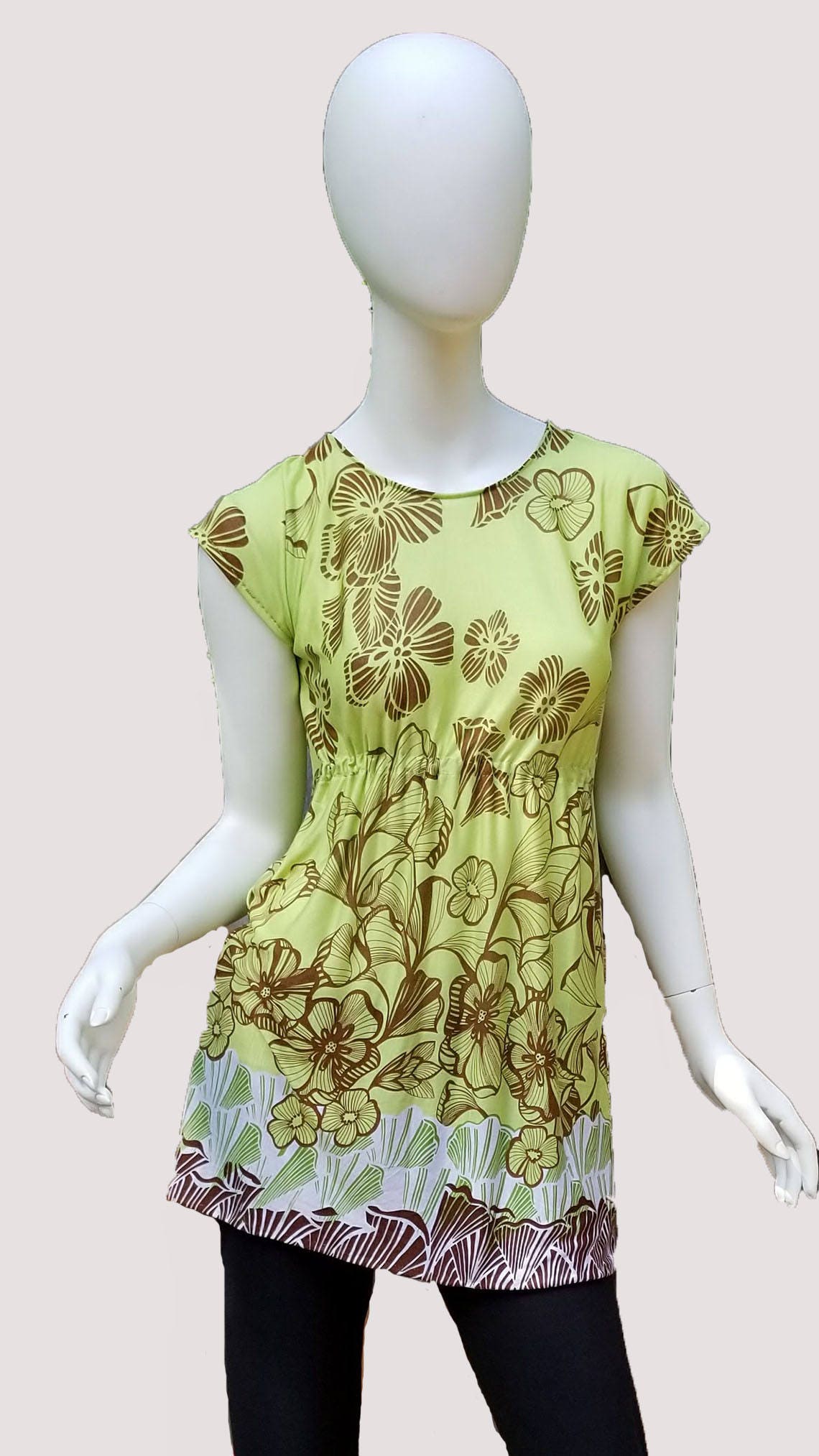 Stretch jersey tunic blouse top caftan kaftan floral green & brown polyester (size S; US 4-6)