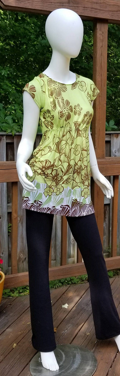 Stretch jersey tunic blouse top caftan kaftan floral green & brown polyester (size S; US 4-6)