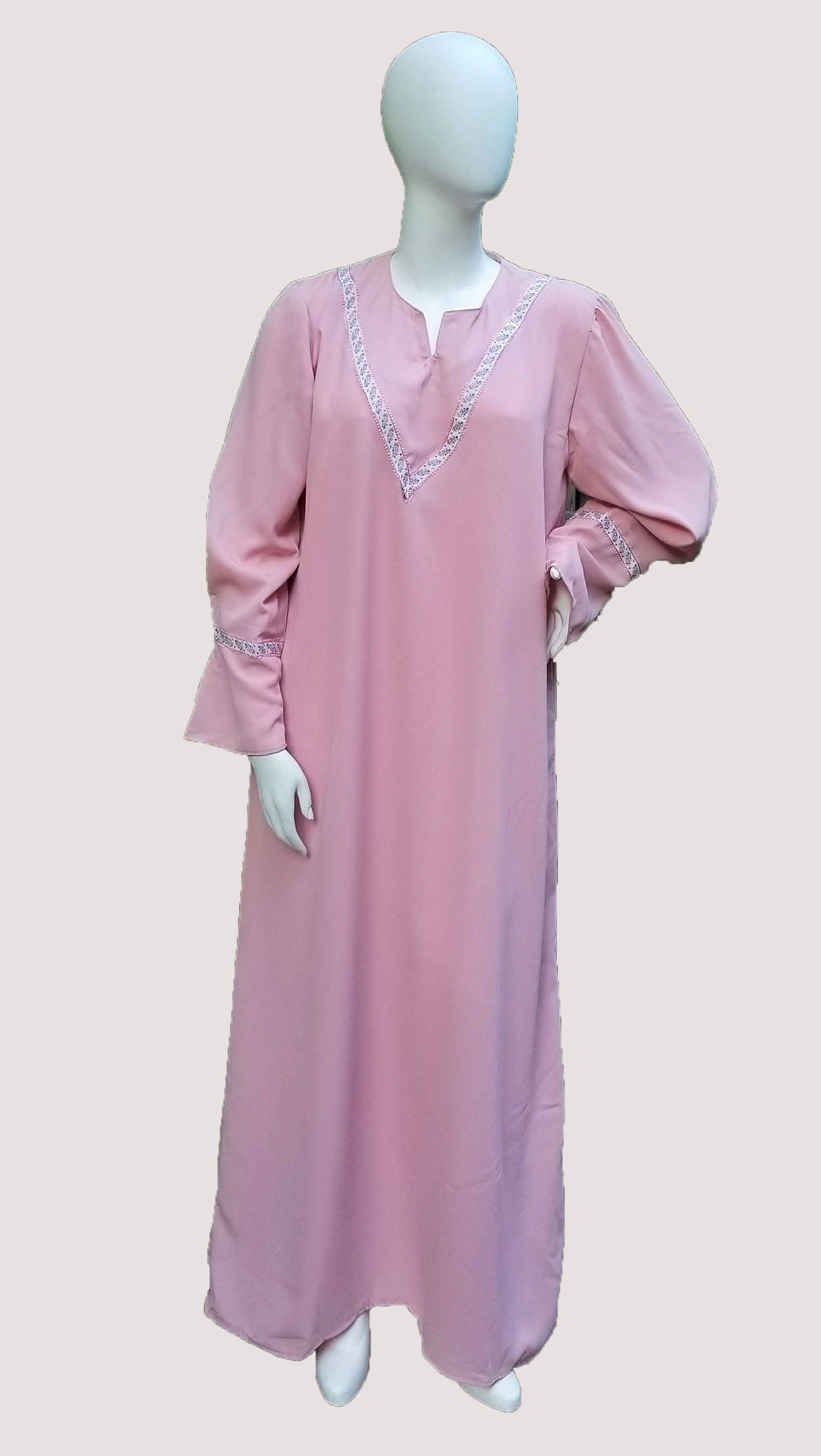 Pink Abaya with Scarf and V-shape ribbon trim (size: US 12 - US 14; L)