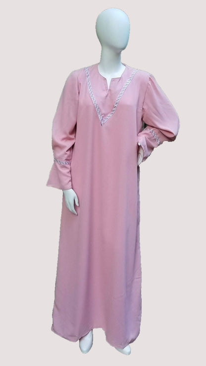 Pink Abaya with Scarf and V-shape ribbon trim (size: US 12 - US 14; L)