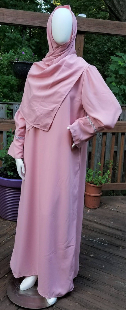 Pink Abaya with Scarf and V-shape ribbon trim (size: US 12 - US 14; L)
