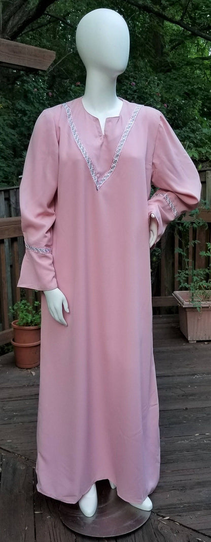 Pink Abaya with Scarf and V-shape ribbon trim (size: US 12 - US 14; L)