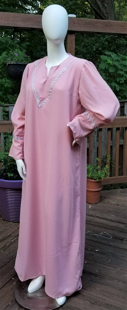 Pink Abaya with Scarf and V-shape ribbon trim (size: US 12 - US 14; L)