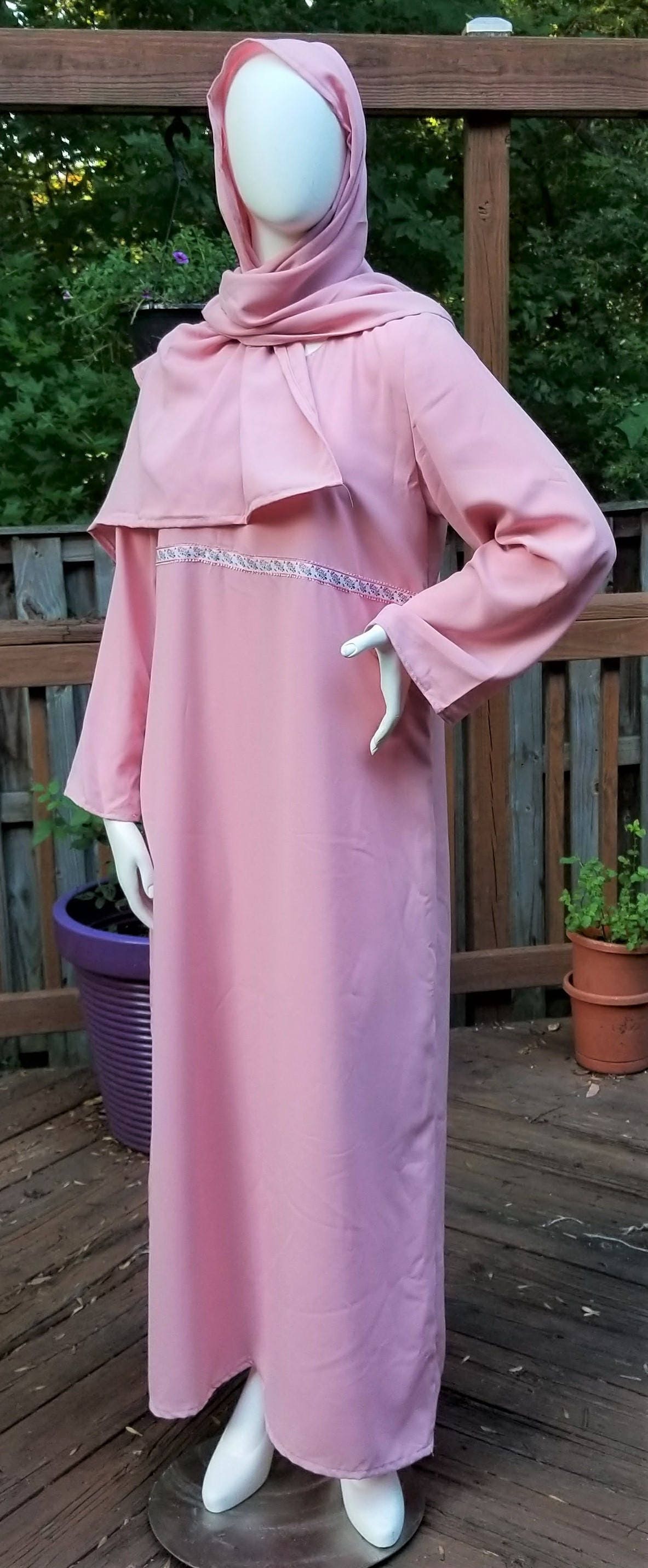 Pink Abaya with Ribbon Trim and Scarf (size: US 8 - US 10; L)