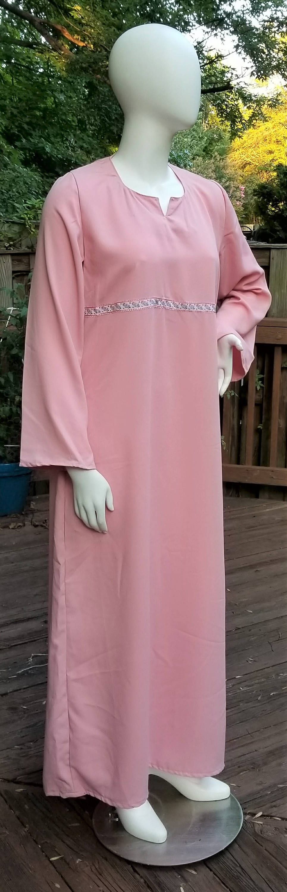 Pink Abaya with Ribbon Trim and Scarf (size: US 8 - US 10; L)