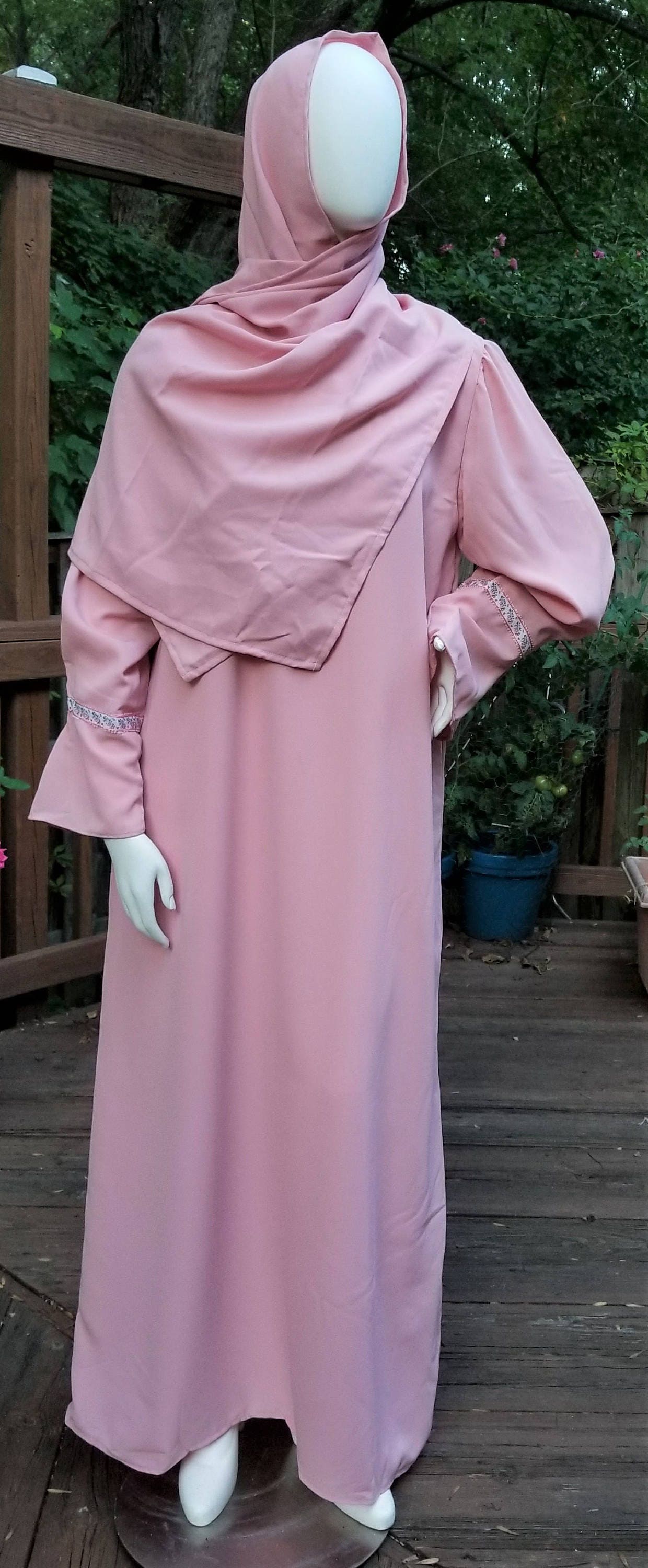 Pink Abaya with Scarf and V-shape ribbon trim (size: US 12 - US 14; L)
