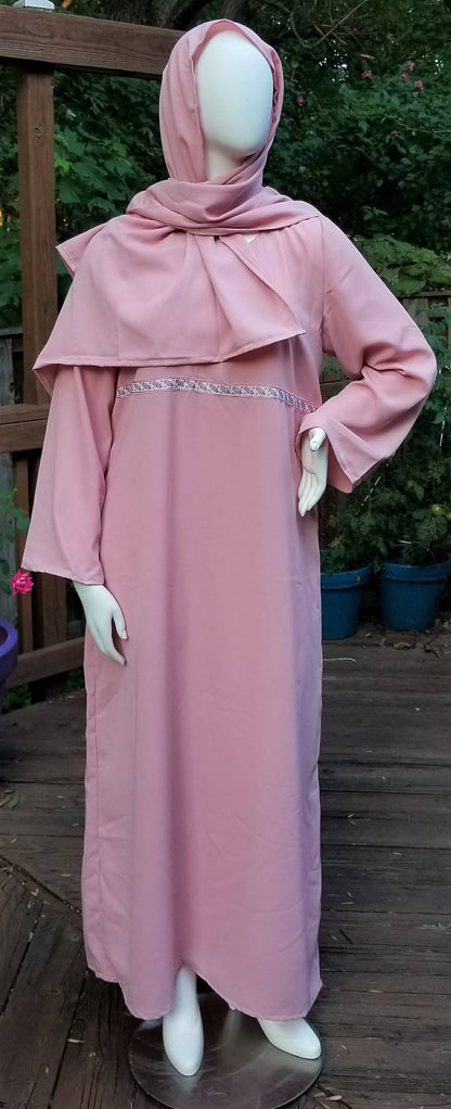 Pink Abaya with Ribbon Trim and Scarf (size: US 8 - US 10; L)