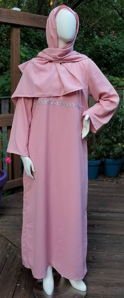 Pink Abaya with Ribbon Trim and Scarf (size: US 8 - US 10; L)