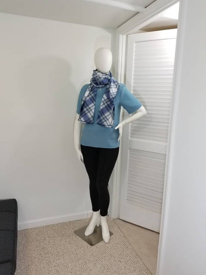 White and blue fleece plaid scarf