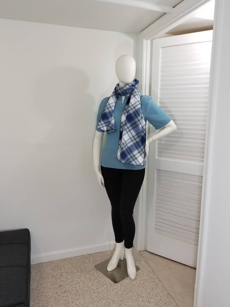 White and blue fleece plaid scarf