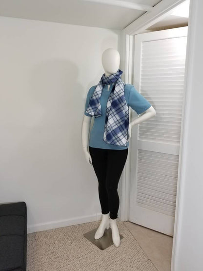 White and blue fleece plaid scarf