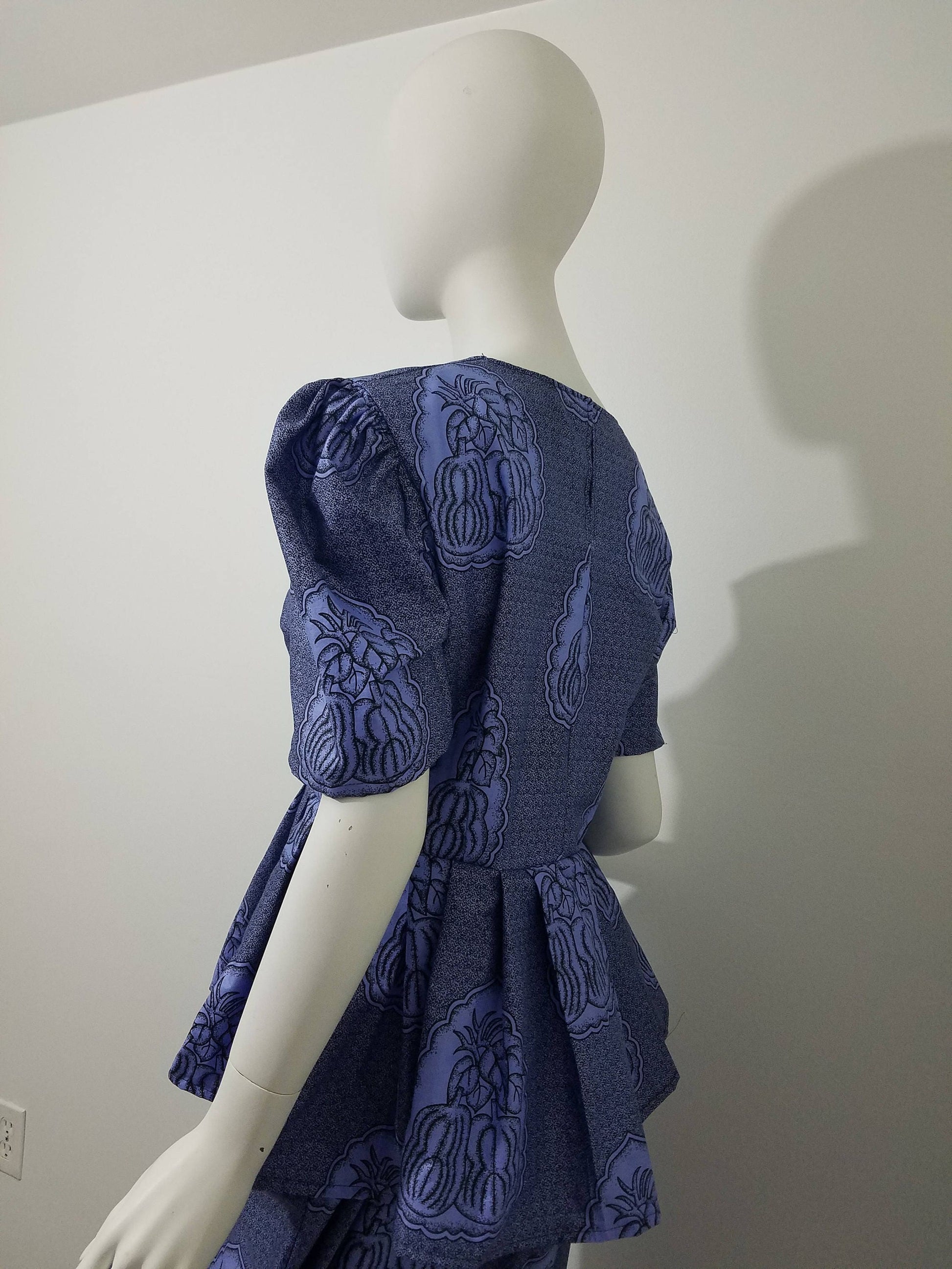 Peplum blouse Mermaid skirt ankara African Print kitenge set Blue with fruit print cotton (size: US 8)