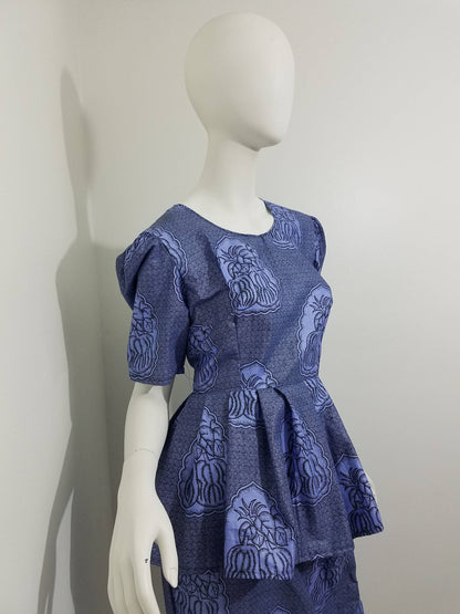 Peplum blouse Mermaid skirt ankara African Print kitenge set Blue with fruit print cotton (size: US 8)