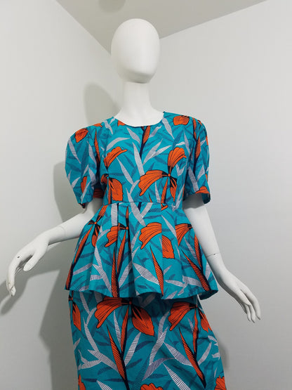 Peplum blouse Mermaid skirt ankara African Print kitenge set Turquoise with orange floral pattern cotton (size: US 8)