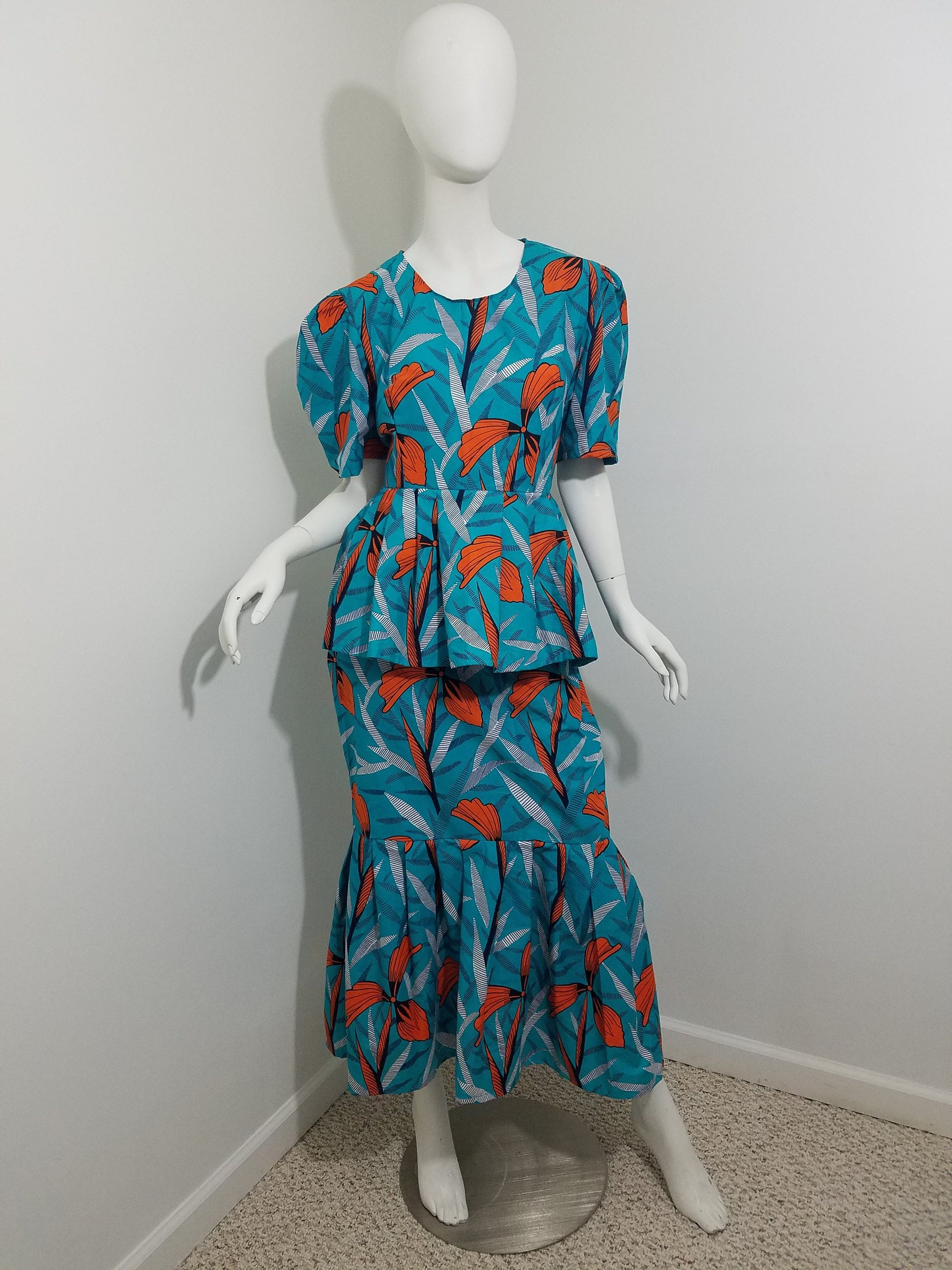 Peplum blouse Mermaid skirt ankara African Print kitenge set Turquoise with orange floral pattern cotton (size: US 8)