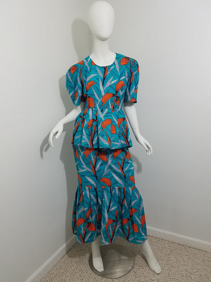 Peplum blouse Mermaid skirt ankara African Print kitenge set Turquoise with orange floral pattern cotton (size: US 8)