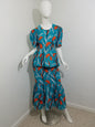 Peplum blouse Mermaid skirt ankara African Print kitenge set Turquoise with orange floral pattern cotton (size: US 8)