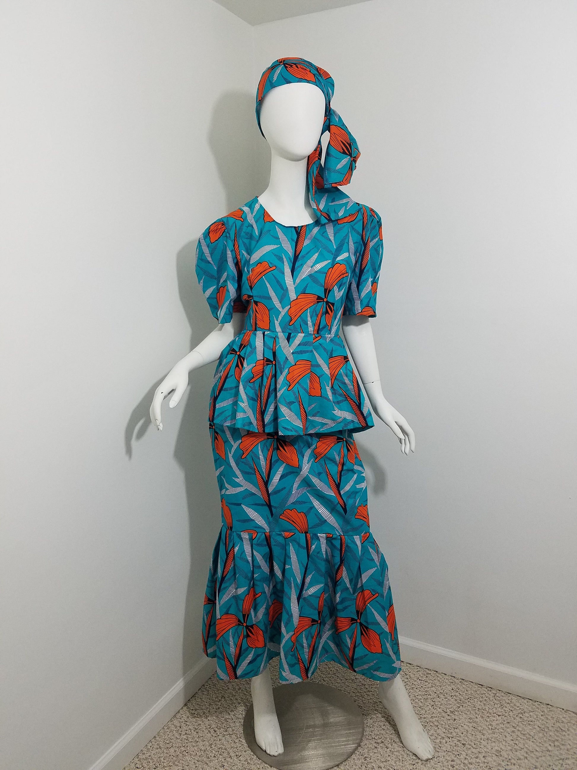 Peplum blouse Mermaid skirt ankara African Print kitenge set Turquoise with orange floral pattern cotton (size: US 8)