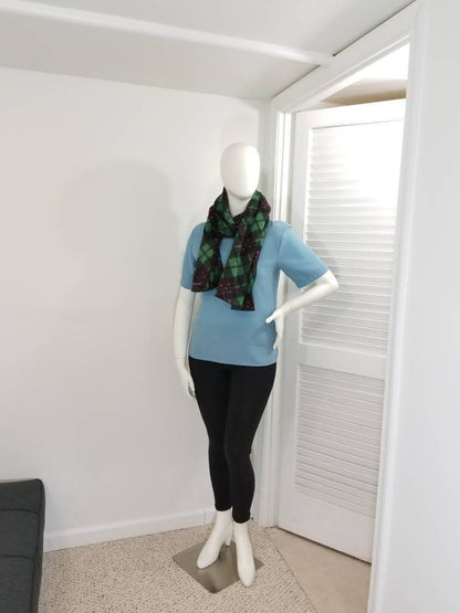 Green, black and red plaid fleece scarf