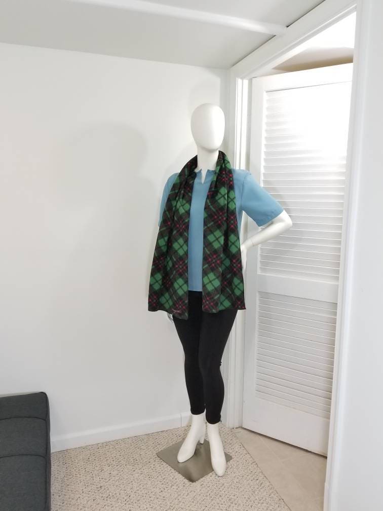 Green, black and red plaid fleece scarf