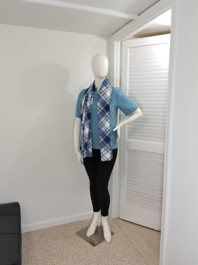 White and blue fleece plaid scarf