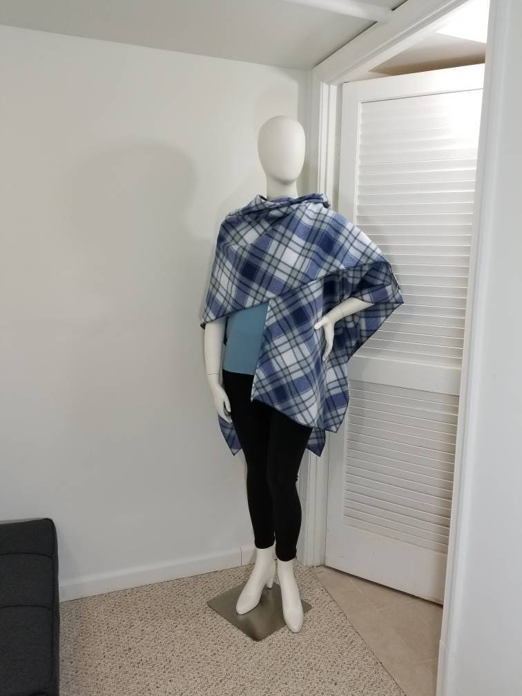 White and blue plaid fleece wrap