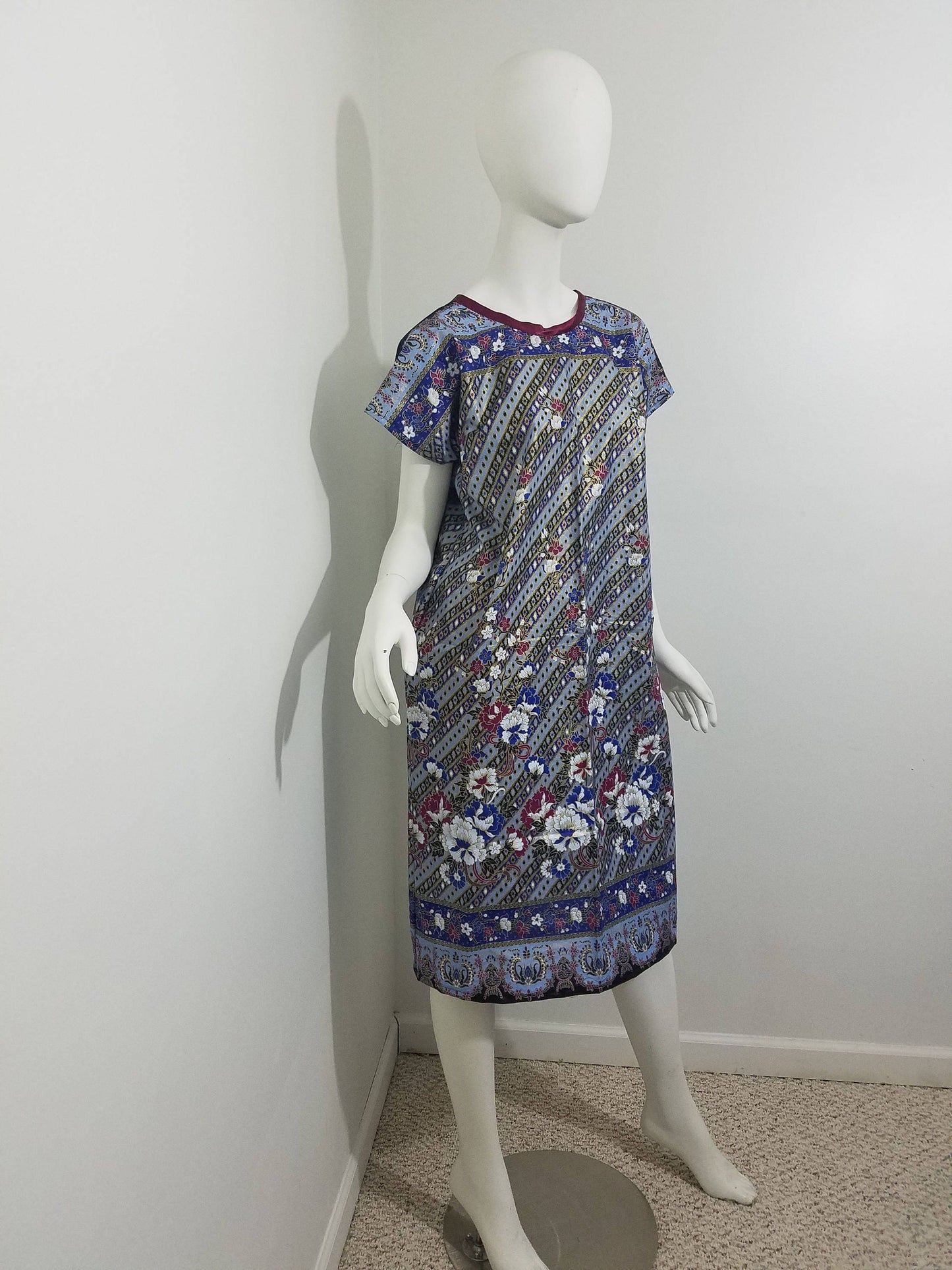 Ankara midi dress dolman sleeve African Print kitenge Gold, blue, maroon floral pattern with maroon trim cotton (size: US 6-8)
