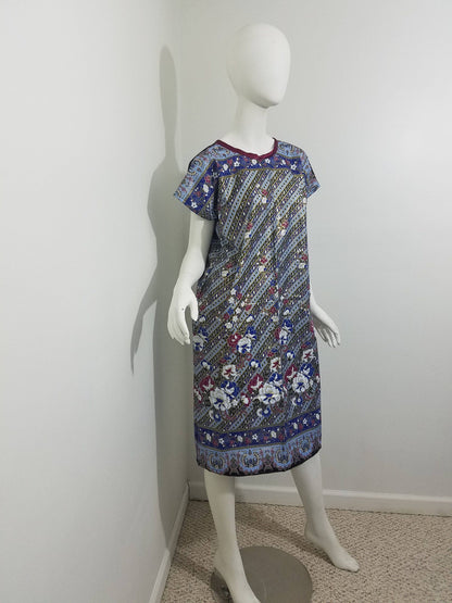 Ankara midi dress dolman sleeve African Print kitenge Gold, blue, maroon floral pattern with maroon trim cotton (size: US 6-8)