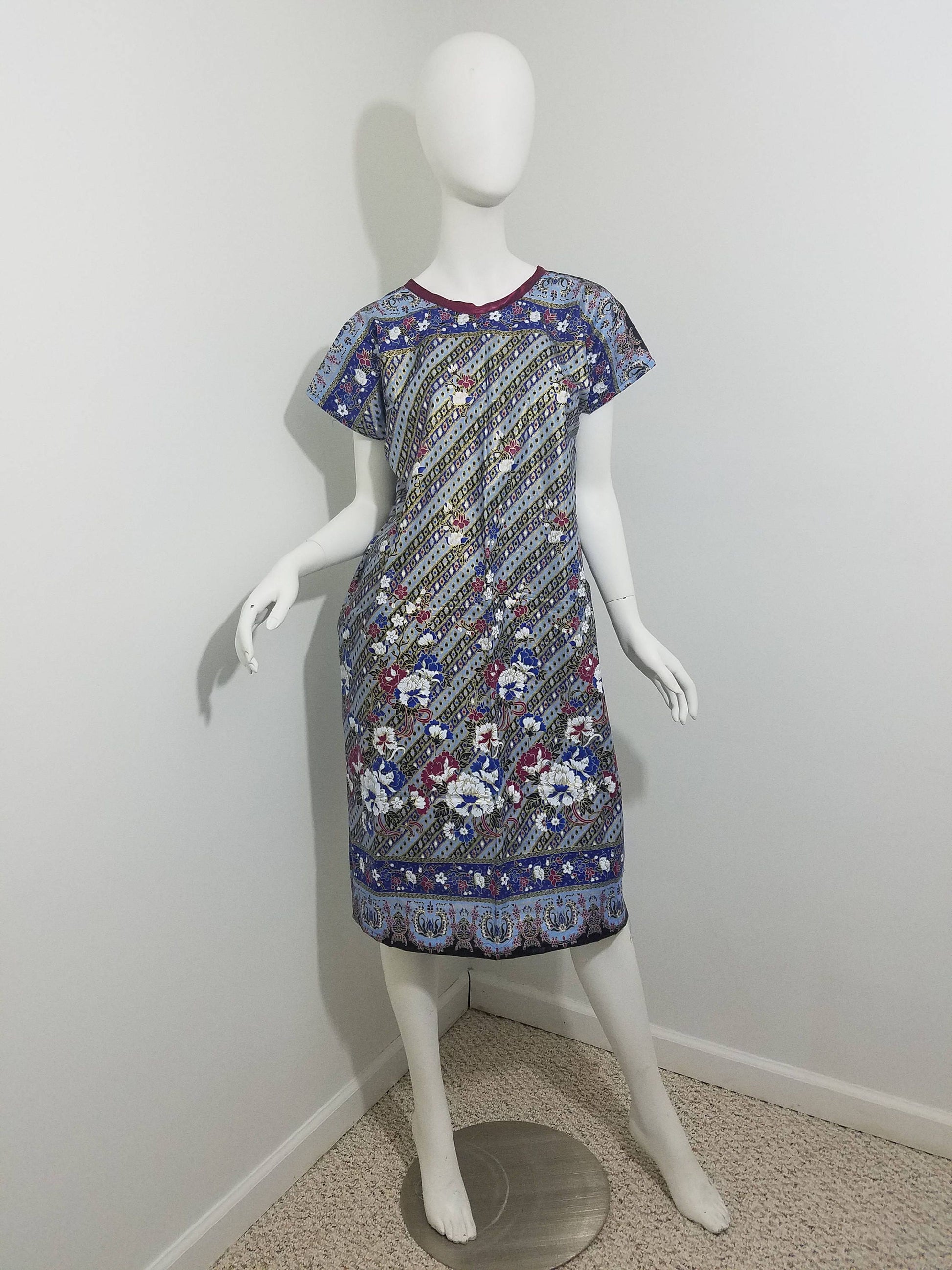 Ankara midi dress dolman sleeve African Print kitenge Gold, blue, maroon floral pattern with maroon trim cotton (size: US 6-8)