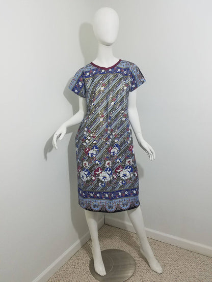 Ankara midi dress dolman sleeve African Print kitenge Gold, blue, maroon floral pattern with maroon trim cotton (size: US 6-8)