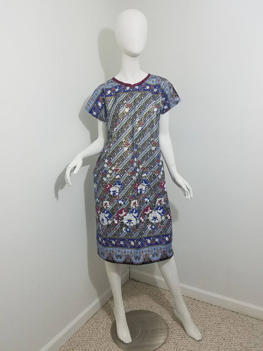 Ankara midi dress dolman sleeve African Print kitenge Gold, blue, maroon floral pattern with maroon trim cotton (size: US 6-8)
