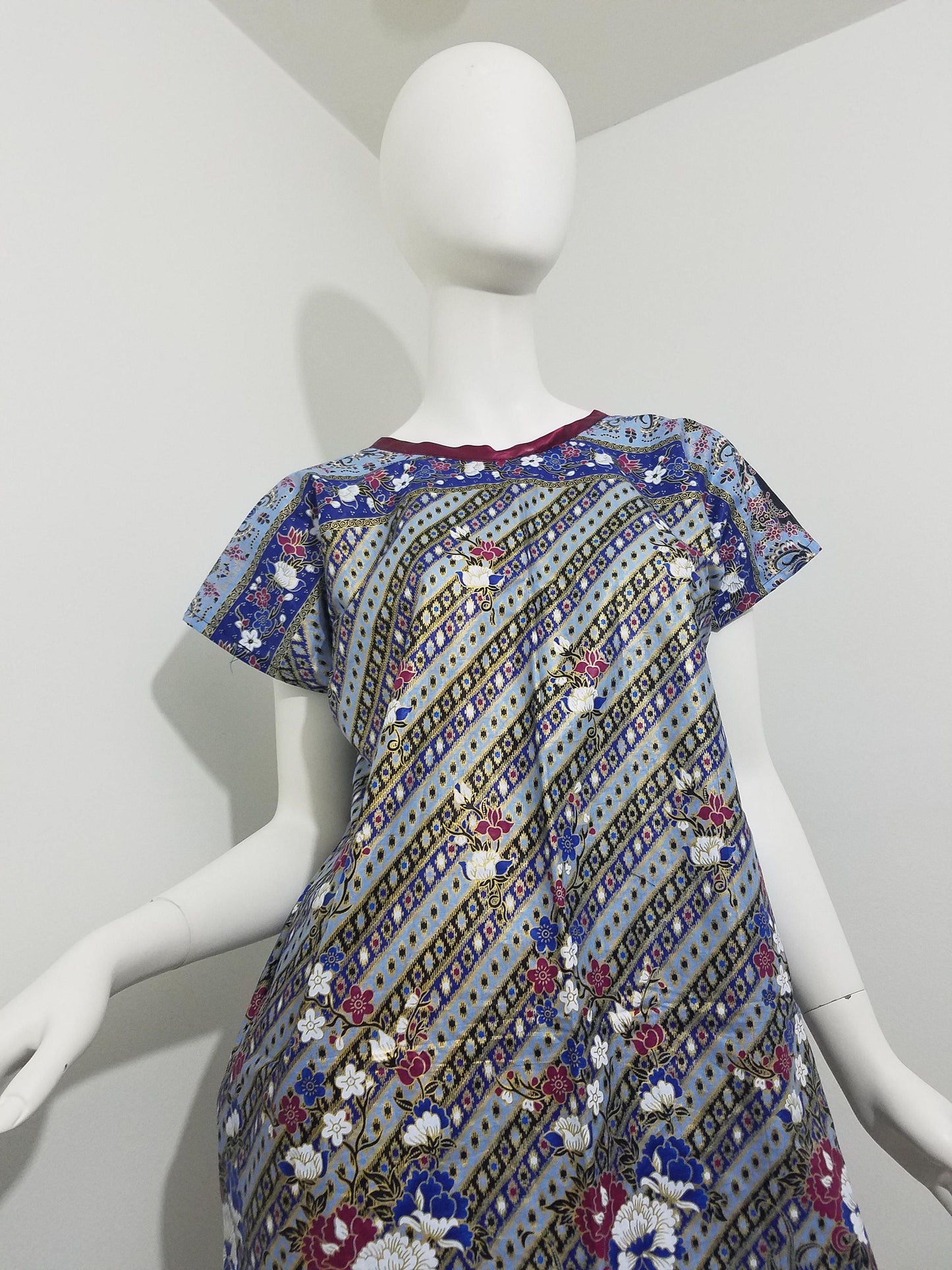 Ankara midi dress dolman sleeve African Print kitenge Gold, blue, maroon floral pattern with maroon trim cotton (size: US 6-8)