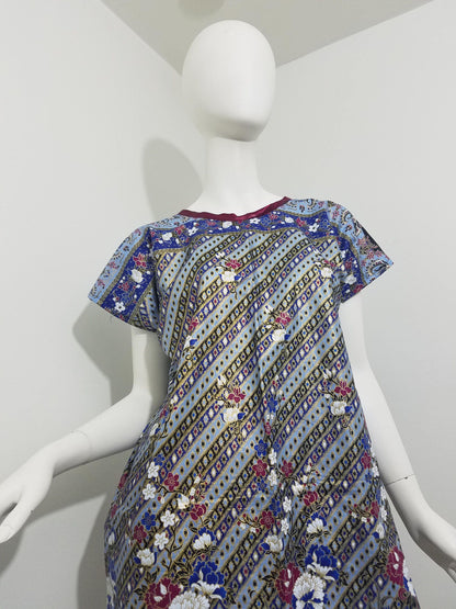 Ankara midi dress dolman sleeve African Print kitenge Gold, blue, maroon floral pattern with maroon trim cotton (size: US 6-8)
