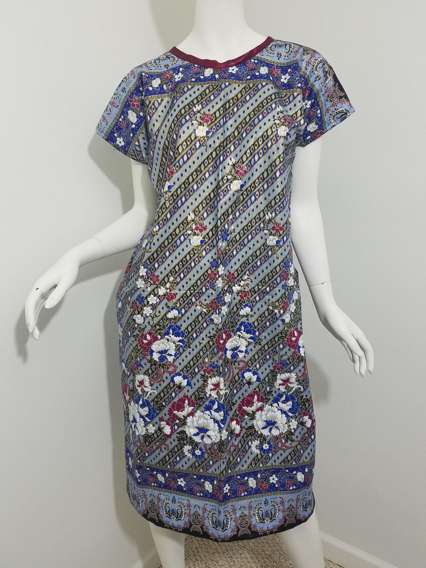 Ankara midi dress dolman sleeve African Print kitenge Gold, blue, maroon floral pattern with maroon trim cotton (size: US 6-8)