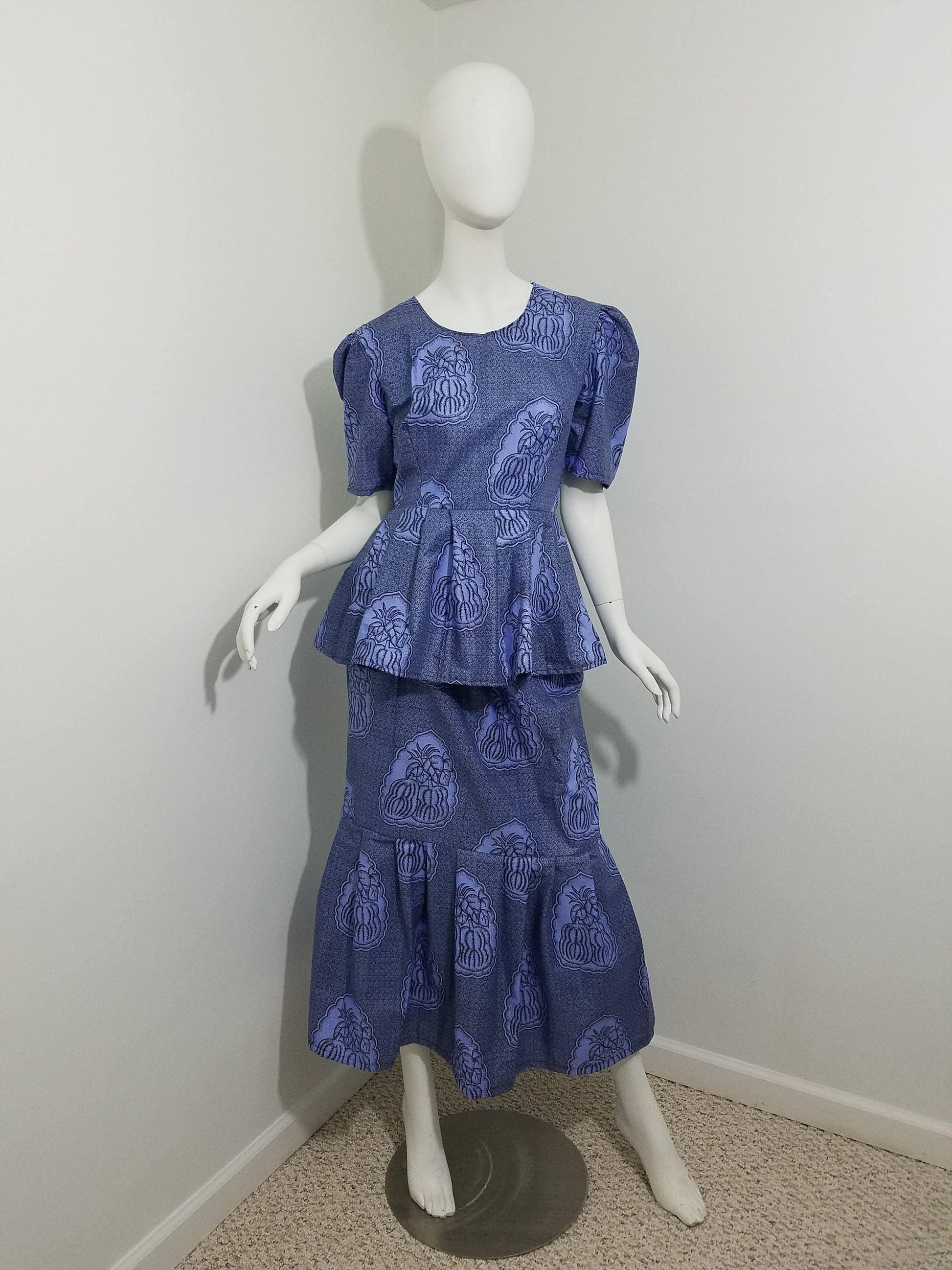 Peplum blouse Mermaid skirt ankara African Print kitenge set Blue with fruit print cotton (size: US 8)