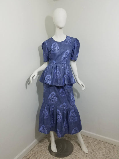 Peplum blouse Mermaid skirt ankara African Print kitenge set Blue with fruit print cotton (size: US 8)