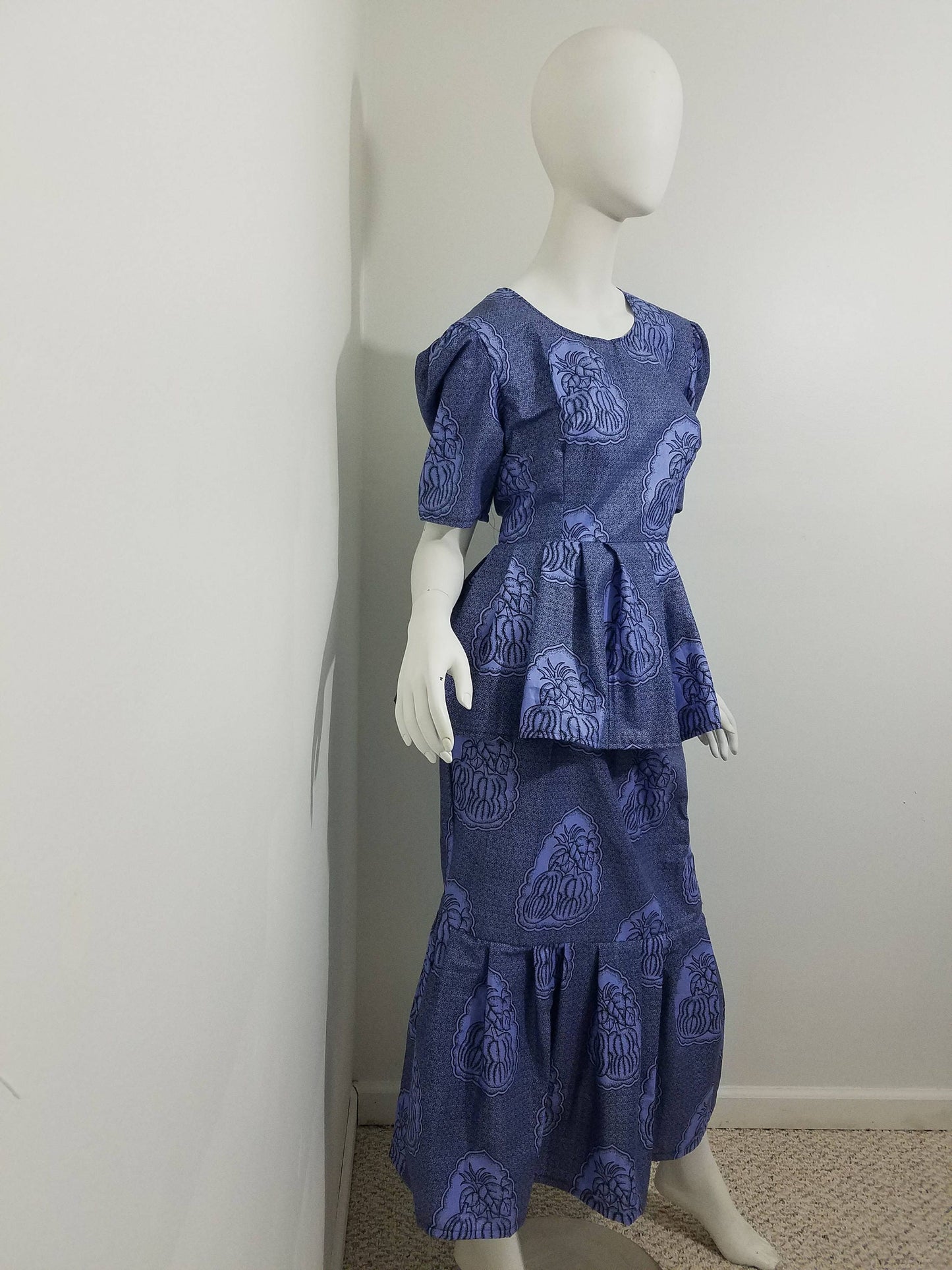 Peplum blouse Mermaid skirt ankara African Print kitenge set Blue with fruit print cotton (size: US 8)