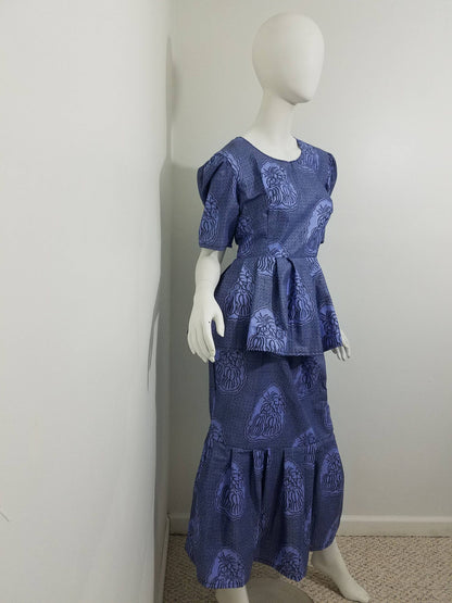 Peplum blouse Mermaid skirt ankara African Print kitenge set Blue with fruit print cotton (size: US 8)
