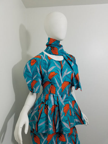 Peplum blouse Mermaid skirt ankara African Print kitenge set Turquoise with orange floral pattern cotton (size: US 8)