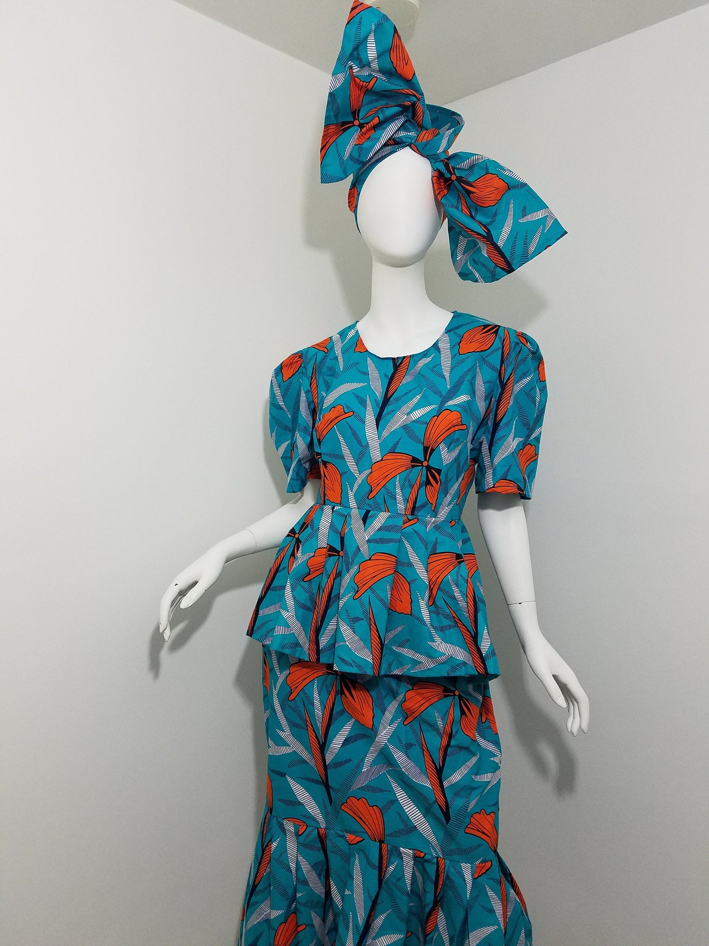 Peplum blouse Mermaid skirt ankara African Print kitenge set Turquoise with orange floral pattern cotton (size: US 8)