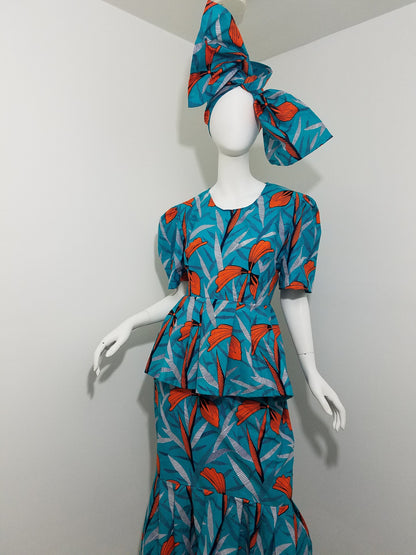 Peplum blouse Mermaid skirt ankara African Print kitenge set Turquoise with orange floral pattern cotton (size: US 8)
