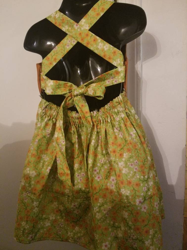 Girl's 2T crossback dress with straps two tone orange with green flowers summer cotton