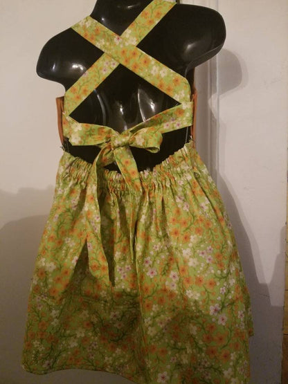 Girl's 2T crossback dress with straps two tone orange with green flowers summer cotton